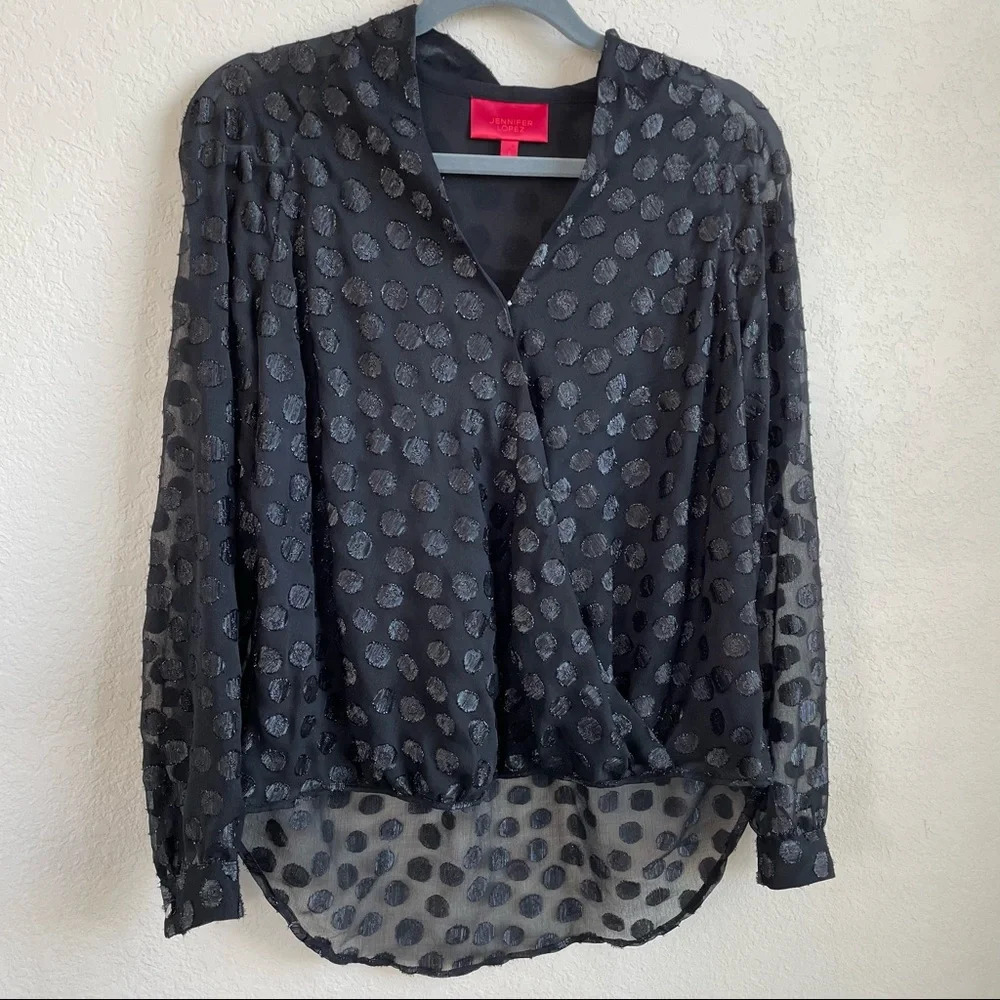 Jennifer Lopez Black Polka Dot Long Sleeve Sheer Blouse Size Small